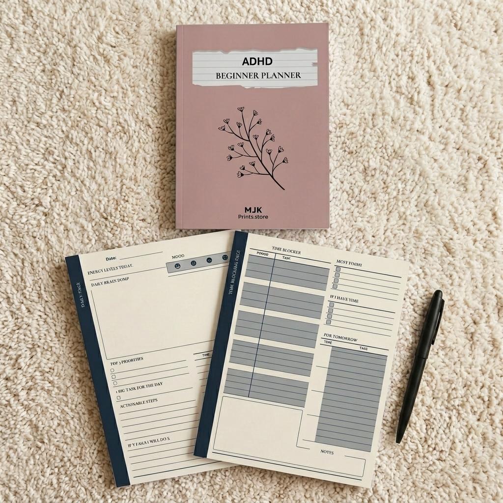 ADHD Beginner Planner Printable | Daily Brain Dump, Time Blocking, Priority Matrix & Weekly Organizer with Contingency Planning, Mood & Hydration Tracker | Undated PDF for Newly Diagnosed ADHD Adults