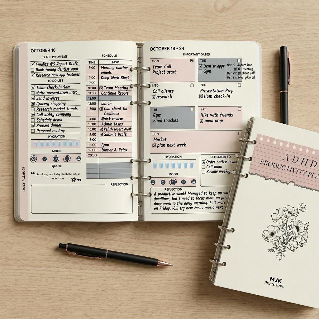 ADHD Productivity Planner — Daily, Weekly & Monthly Organizer for Focus, Goals & Self-Care | Printable PDF
